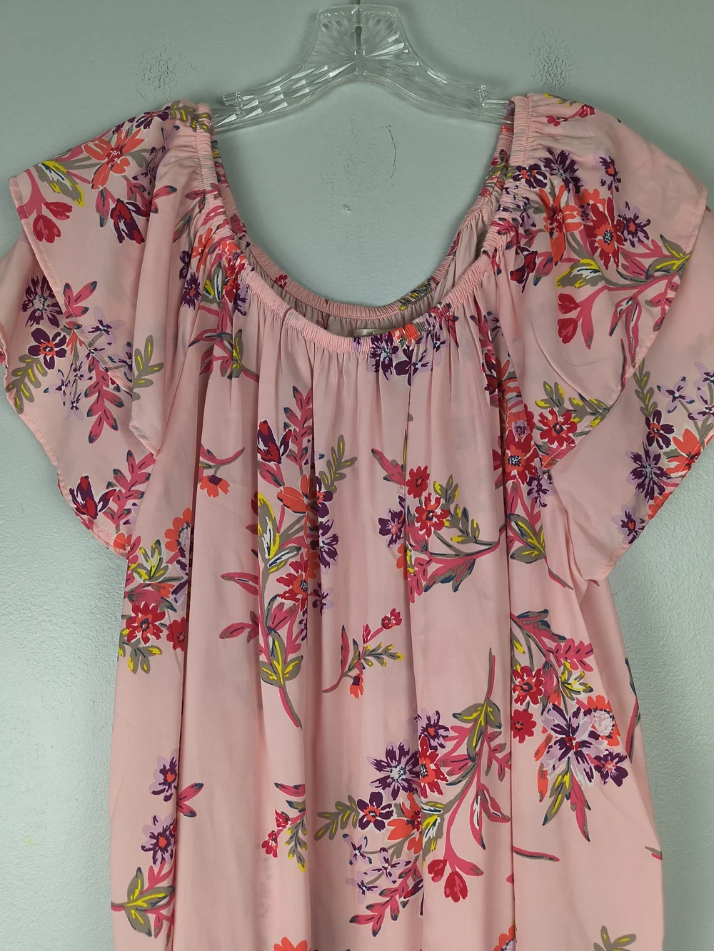 Terra & Sky Top Women's 1X Pink Purple On Off Shoulder Peasant Floral Ruffle